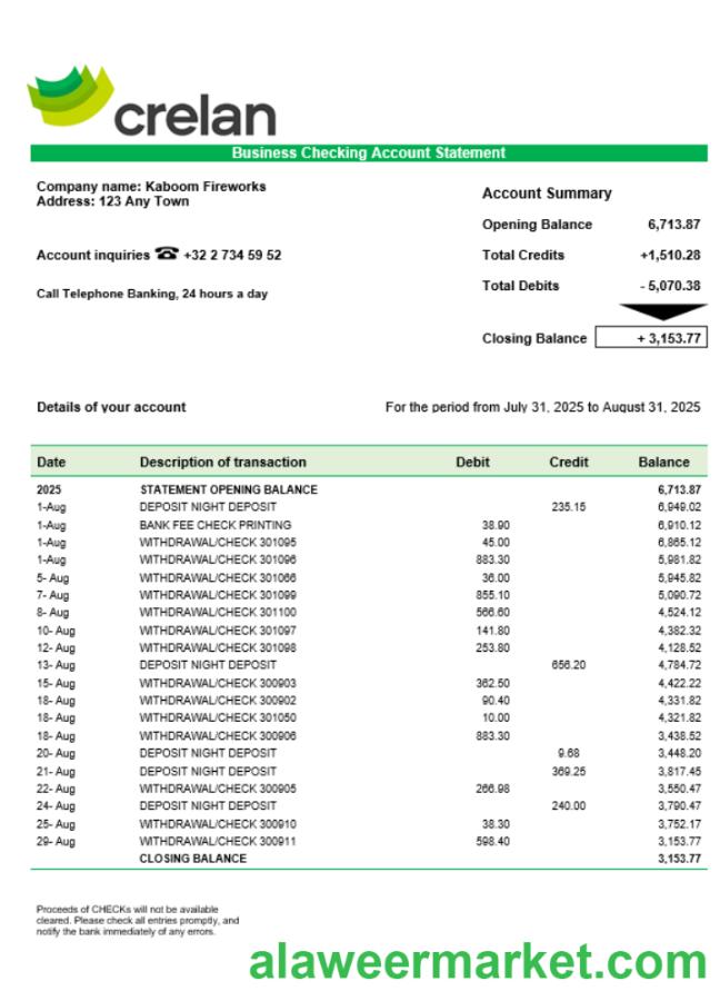 Crelan bank company checking account statement Word and PDF format